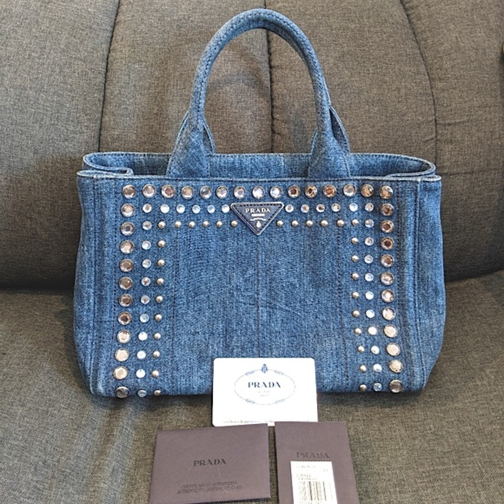 Prada: Denim Rhinestone Bijoux Canapa Crossbody Tote Bag ๐ - Picture 4 of 17